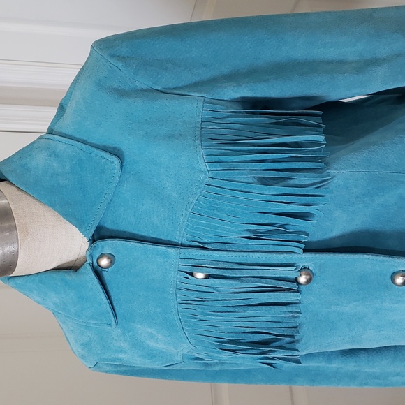 Vintage MARGARET GODFREY Turquoise Suede Western Jacket Cowgirl Fringe Rodeo - Picture 5 of 16